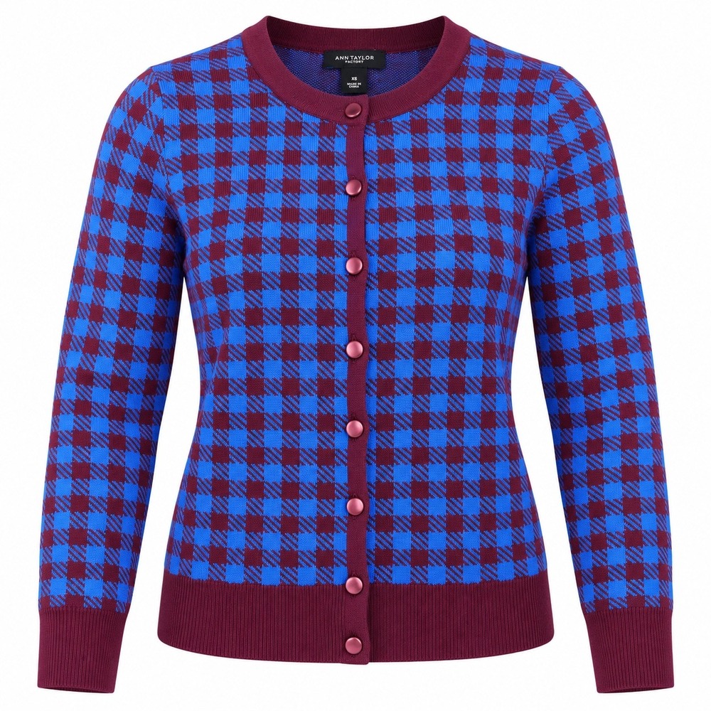Ann Taylor Factory XS Blue Burgundy Houndstooth Plaid Cardigan 100% Cotton